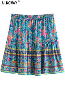 Skirts Vintage Chic Summer Hippie Women Green Floral Printed Ruffles Beach Skirt Bohemian Bottoms Lady Rayon Boho Mini Skirts Oversize 230417