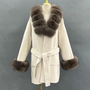 Women's Wool Blends Janefur Real Fur Coat Overized 2023 Fashion Luxury White Belted Long Cashmere med Natural 231116