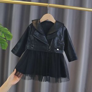 Rompers Spring Bady Girls Cothers Outfit PUレザーメッシュセット幼児の女の子の服1年の誕生日ジャケットドレス231117