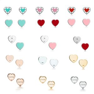 Stud T Series 925 Sterling Silver Emalj Blue Red Heart Pink Peach Stud örhängen Kvinnor Girl Love Letter Stone Valentines Day Gift 231116