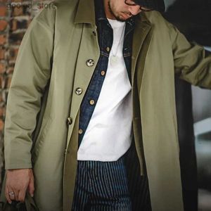 Мужские плащи Maden Casual Balmacaan Trench Coat Мужские Amekaji Свободные армейско-зеленые ветровки Тяжелые саржевые длинные куртки Винтажные пальто Q231118