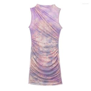 Casual Dresses Woman Sweet Purple Slim Tie Dye Mesh Tank Dress 2023 Summer Girls Chic Gradient Mini Female Elastic Beach Short