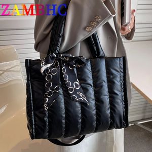 Sacos de noite elegantes fitas saco feminino para baixo tecido algodão ombro crossbody sacos inverno designer acolchoado espaço bolsas 231117