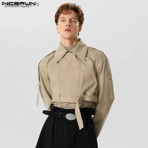 Herren-Trenchmäntel 2023 Männer Trench Solid Hollow Out Revers Langarm Zweireiher Crop Coats Streetwear Lace Up Casual Male Windjacke Q231118