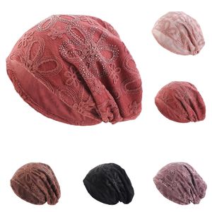 Fiore Del Merletto Delle Donne Elastico Turbante Musulmano Strass Hijab Islam Sonno Notte Berretti Chemio Pullover Cappello Sciarpa Copricapo Baggy Berretti