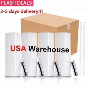 US CA Warehouse 20oz Sublimation Straight Cup with Steel Straw Rubber Sole Stainless Steel Tumbler Coffee Cup Water Bottle Shiny Cup