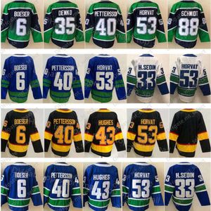 Buz hokey'i'Nhl '' 53 Bo Horvat Jersey 6 Brock Boeser 40 Elias Pettersson 43 Quinn Hughes 35 Thatcher Demko Ters Retro Takım Mavi Beyaz Alternatif