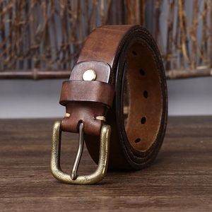 Belts 3.5CM Wide Washed Vintage Old Thick Pure Cowhide Belt Male Leather Brass Pin Buckle Jeans For Men