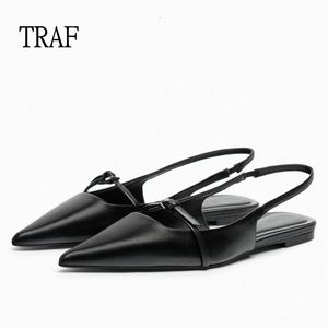 Sandals TRAF Woman Pointed Leather Flats Shoes Black Casual Slingbacks Shallow Mouth Single Women Ballet shoes 230417
