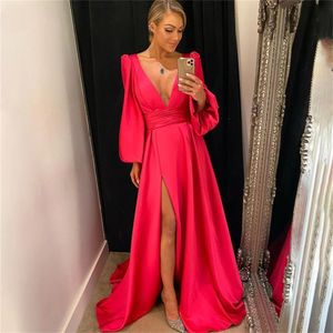 Rose Red Prom Dresses Sleeve Rose Pink Party Dresses Sexy Deep V-neck Evening Dresses Satin Vestidos De Fiesta