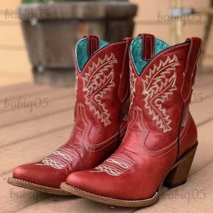 Boots BONJOMARISA Embroidered Western Boots For Women Ankle Short Boots Cowboy Cowgirls Slip On Chunky Heel Vintage Shoes 2022 New T231117