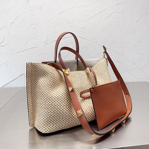 Medium tygpåse halm sommar shopping väska kvinnor väver designer väska topphandtag handväska crossbody strand totes väskor handväska axelväskor removab inre påse plånböcker