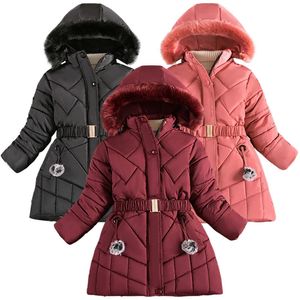 Down Coat Winter Keep Warm Girl Jacket Lång stil avtagbar hatt plysch krage huva ytterkläder kappa för barn 4-12 år 231117