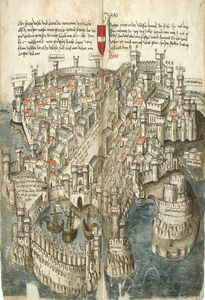 Cidade portuária medieval de Rodes, Grécia por volta de 1490AD Art Silk Print Poster 24x36inch60x90cm 0162894634