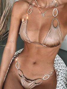 Damskie stroje kąpielowe seksowne kantar kryształowy diament bikini kobiety kąpiel kąpielowy żeński strój kąpielowy dwa kawałki bikini zestaw brazylijskich metalowych pierścieni kąpiel kąpielowy pływanie t230417