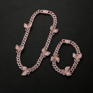 10mm iced out bling cz Miami cuban link chain Butterfly charm choker necklace hip hop women jewelry2831