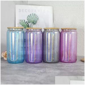 Wine Glasses 16Oz Sublimation Glitter Beer Can 4Colors Clear Glass With Wooden Lids Plastic Sts 500Ml White Blank Water Bottles Diy Dhi6H