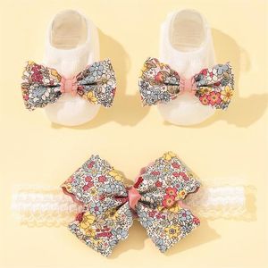 Haarschmuck Schöne Perlenschleifen Geborenes Baby Mädchen Stirnband Socken Set Spitze Blumenband Turban Little244e