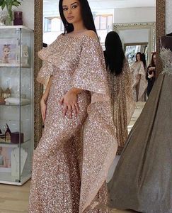 Arabiska Rose Gold Mermaid Prom Dress 2024 med Long Cape Wrap 2024 Sheer Neck Glitter Sequined Women Evening Formal Party Gowns Robe de Soiree Custom Made Made