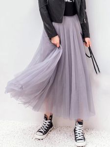 تنورات JMPRS عتيقة Tulle Summer Women مرنة عالية الخصر شبكة مطوية الكورية الأنيقة A Office Office Ladies 230417