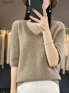 Women's Sweaters Aliselect Short Sleeve Women Knitted Sweaters 100% Pure Merino Wool Cashmere Spring Fashion V-Neck Top Pullover Clothing zln231117
