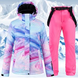 스키 슈트 따뜻한 화려한 스키복 여성 방수 바람 방수 스키 및 스노우 보드 재킷 바지 세트 여성 야외 눈 의상 231116