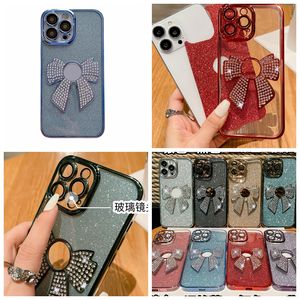 Bling Diamond Bowknot -fodral för iPhone 15 14 Plus 13 12 11 Pro Max Luxury Soft TPU Bow Glitter Sparkle Chromed Metallic Clear Camera Lens Protector Fine Hole Phone Cover