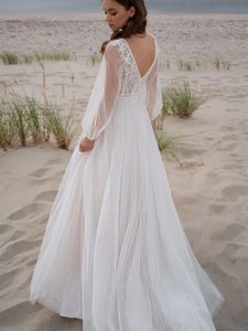 Beach Boho Wedding Party Dress 2024 V Neck Lace Puff Sleeves High Slide Applicants Women Bridal Gown Summer Vestidos de Novia