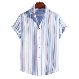 Freizeithemden für Herren Blau Gestreiftes Kurzarm-Hemd mit Knöpfen Herren 2023 Sommer Strand Hawaiian Aloha Party Urlaubskleidung Chemise Homme
