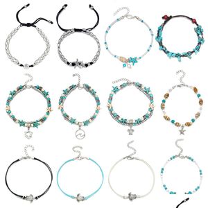 Tornozeleiras 16 pcs tornozeleiras para mulheres meninas azul estrela do mar tartaruga elefante charme pulseiras mtilayer pé conjunto jóias artesanal gota d dh dh6e8