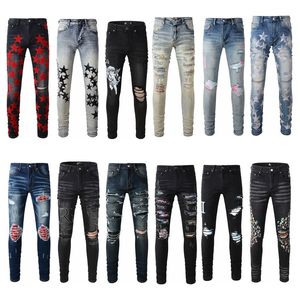 2023 Fashion Mens Dämmer riss die NY Jeans Slim Fit Denim Dtroyed Denim Hip Hop Hosen für Männer Stickereien Patchwork Ripped Motorrad Hosen Hosen enge Hosen