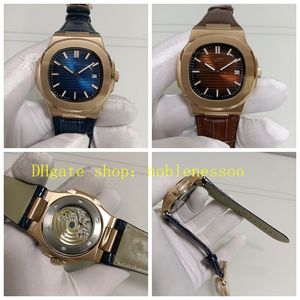 2 färg män everose klockor riktiga foto män 40mm blå brun urtavla 18k rosguld 5711r läderband transparent baksida automatisk rörelse klock armbandsur