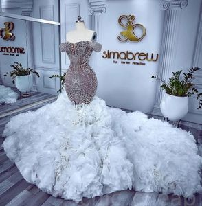 2024 Lüks denizkızı gelinlik omuz boncuklu kristaller illüzyon dantel gelin elbiseler Arapça burai vestidos de novia özel yapılmış
