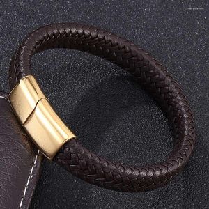 Charm Bracelets Vintage Men Jewelry Brown Braided Leather Bracelet Golden Stainless Steel Magnetic Clasp Fashion Male Wristband Man Gift