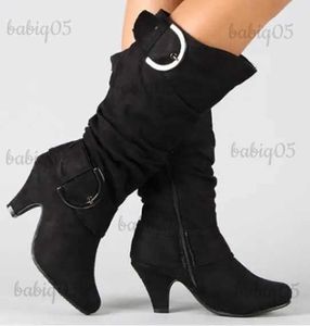 Botas tamanho grande 43 2022 joelho botas altas mulheres outono falso camurça fivela moda saltos altos mulher sapatos inverno zapatos de mujer t231117