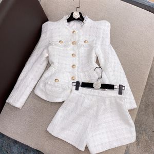 Fatos femininos High Street 2023 Designer Runway Suit Set Botões Dourados Tweed Jacket Shorts 230417