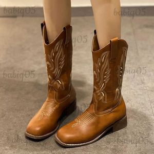 Stövlar retro broderade västra stövlar för kvinnor 2023 Autumn Winter Pu Leather Mid-Calf Boots Woman Thick Heeled Cowboy Booties Female T231117