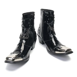 Autumn Mens High Heel äkta läderspänne stövlar Iron Square Toe Chains Cowboy Boots Mens Wedding Party Ankle Boots Chelsea