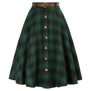 Skirts Belle Poque Women Swing Plaid Midi Skirt With Belt Elastic High Waist Buttons Decorat Vintage Pleated Skirt With Pockets Belt 230417
