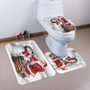 Tuvalet koltuğu kapaklar Noel kapağı seti 3D Noel Baba Kardan Adam Baskı Banyo Mat Kapağı Kontur Halı Kiti