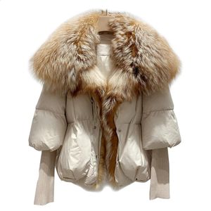 Mulheres pele falsa furaristocrata jaqueta de inverno feminino casaco real branco veludo para baixo gola de raposa de grandes dimensões longo grosso quente 231116