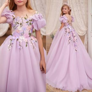 Violet Flower Girl Dress 2024 Puff Sleeves Floral Ballgown Illusion Neck Toddler Spädbarn Little Kid Pageant Gown Cocktail Party Birthday Holiday 1st Communion Peach