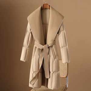 2023 Vinterkläder Nya europeiska 90 White Duck Down Jacket Women's Cashmere Double-Sided Tweed Splicing Foreign Style Long Coat Tide