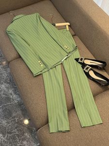 Autumn Green Striped Two Piece Pants Sets Long Sleeve Notched-Lapel Single-Breasted Blazers Top With Long Pants Set 2 Pieces Blazer Suits F3N02120640