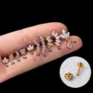 Stud F136 Titanium przekłucie Labret Studs Wewnętrzny wątek CZ LEAF Crown Helisa Conch Chrząstka Tragus Lip Studs Body Jewelryl231117