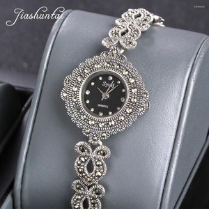 Zegarwatę ZhjiaShun Vintage Silver 925 Watch for Women Retro Sterling Clock Bracelets Bracelets Biżuteria