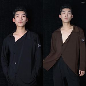 Stage Wear Oblique Placket Latin Dance Tops Men Long SLeeves Practice Shirt Ballroom Clothes Cha Salsa Show Costume DNV17460