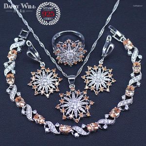 Collana Orecchini Set Moda 4 Pezzi Grande Fiore Champagne Elegante Donna Prom Party Argento Colore Braccialetti con zirconi cubici