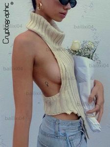 Kvinntankar Camis Cryptographic Fashion Sticked Turtleneck Crop Tops för kvinnor Summer Sexig ärmlösa rygglösa tankar beskurna festklubbkläder T230417