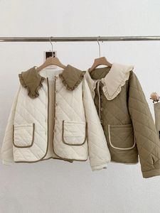 Mulheres Down Parkas Vintage Mulher Algodão Acolchoado Jaqueta Peter Pan Collar Lolita Engrossar Inverno Parka Casaco Japonês Painel Literário Feminino Top 231116